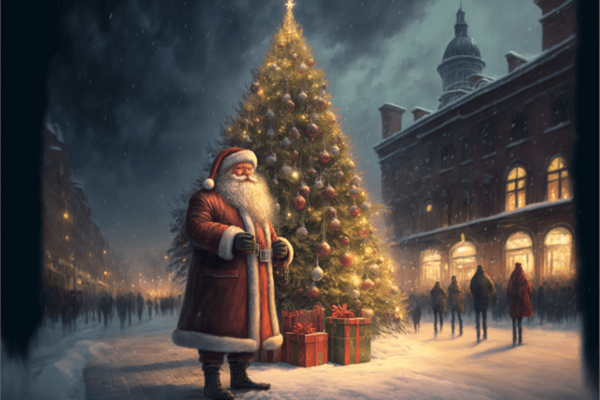 Christmas tree on the square, Santa Claus distributes gifts