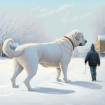 A medium sized white Labrador walks with his mistress and poops in a snowdrift in the park, bending over in an arc, realistic ultra details